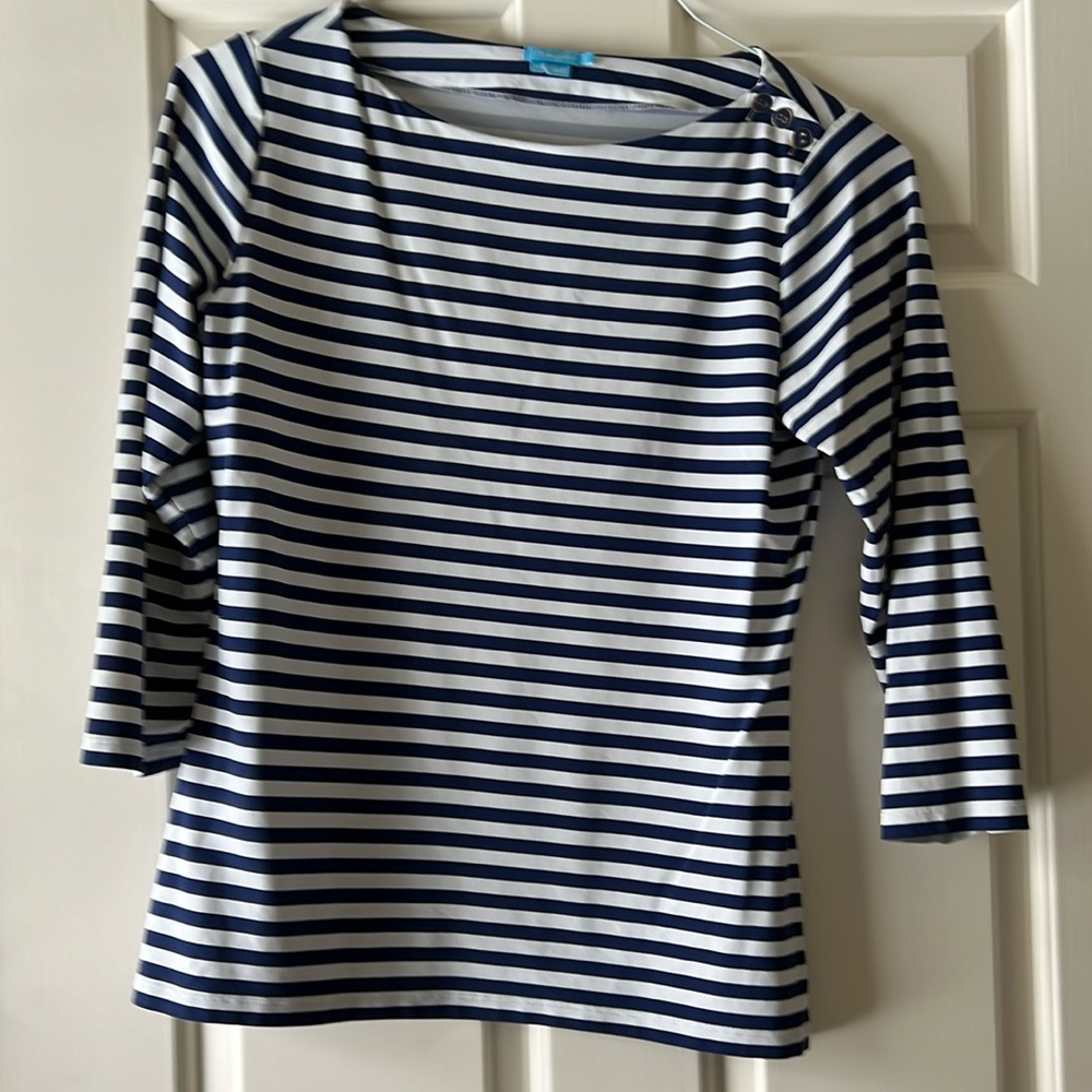 Wavesong Striped Print 3/4 Sleeve Button Shoulder Tee Shirt